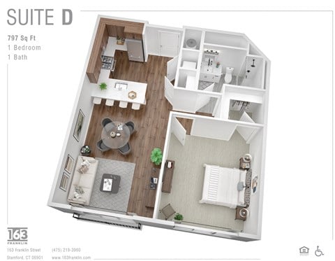 Floor plan for 1 bed, 1 bath, 797 sqft